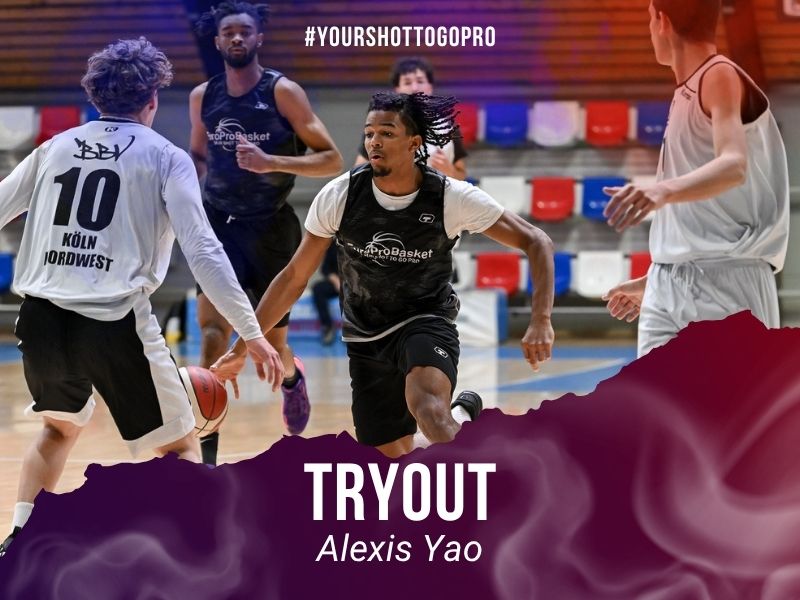 Alexis Yao, a 6'5" Swiss basketball player, posing in his jersey after earning a professional tryout in Germany through EuroProBasket.